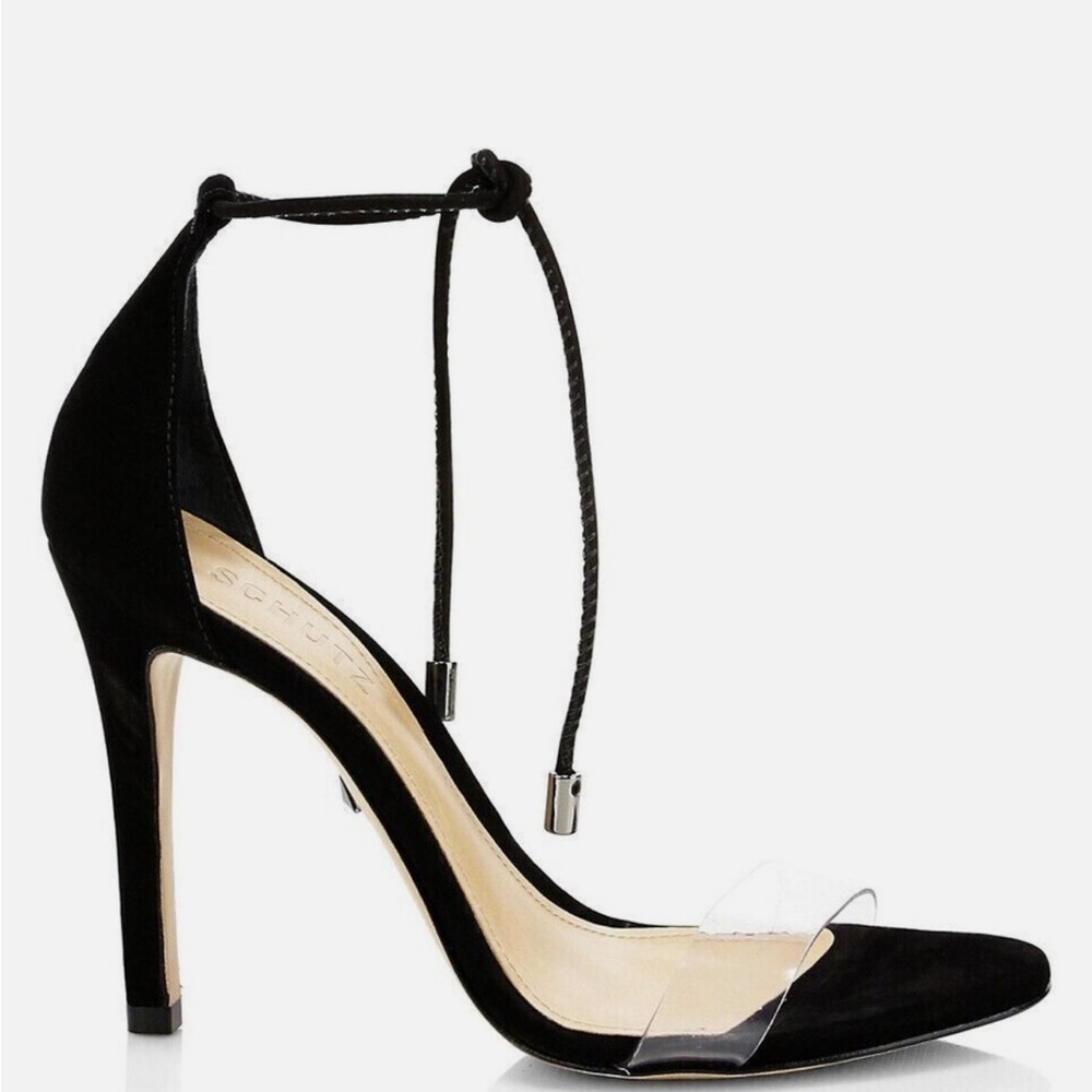 SCHUTZ | Josseana | Black and Clear Ankle Tie Heels